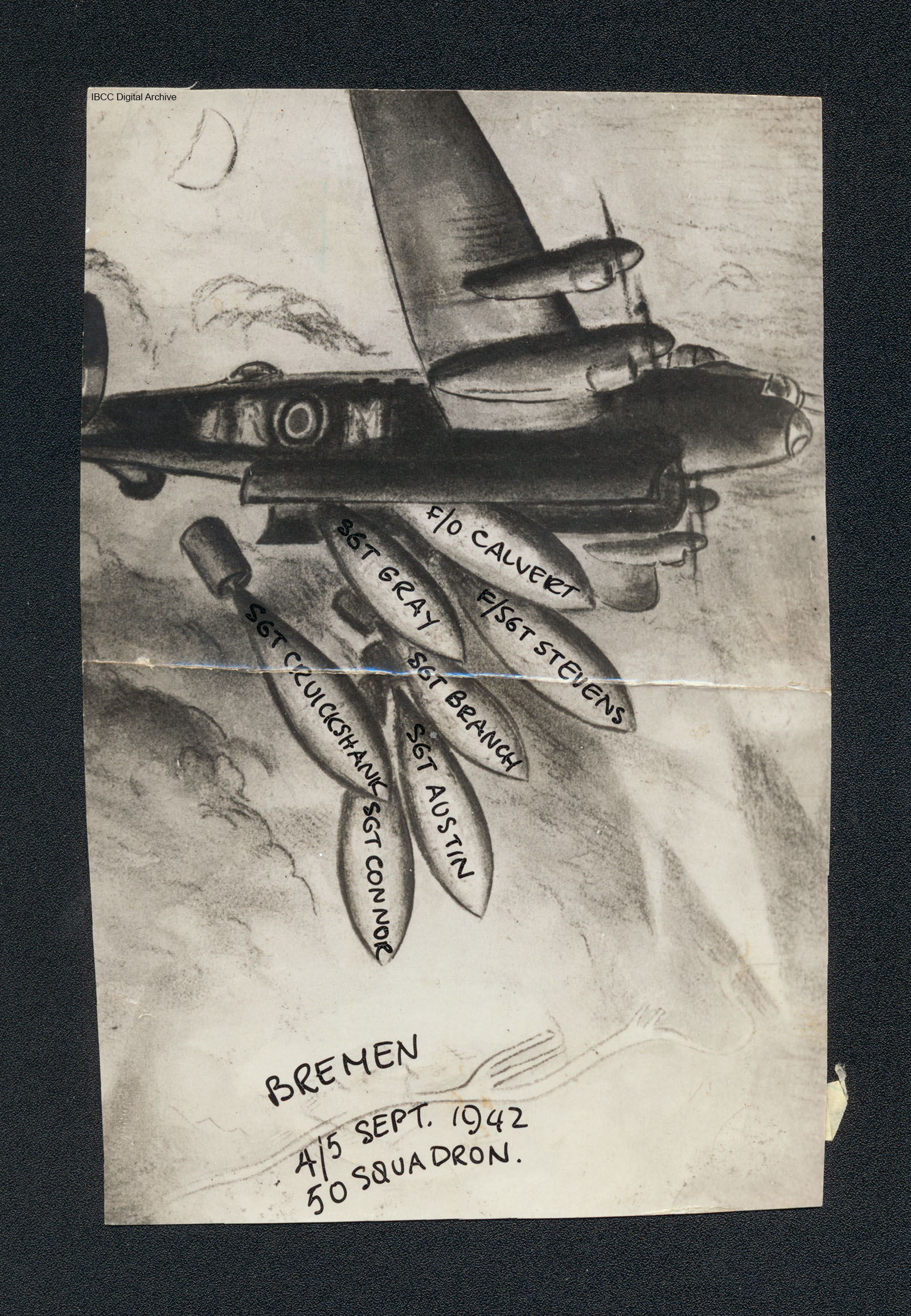 Zeichnung einer Lancaster des No. 50 Squadron mit Namen der Besatzung auf den Bomben.
