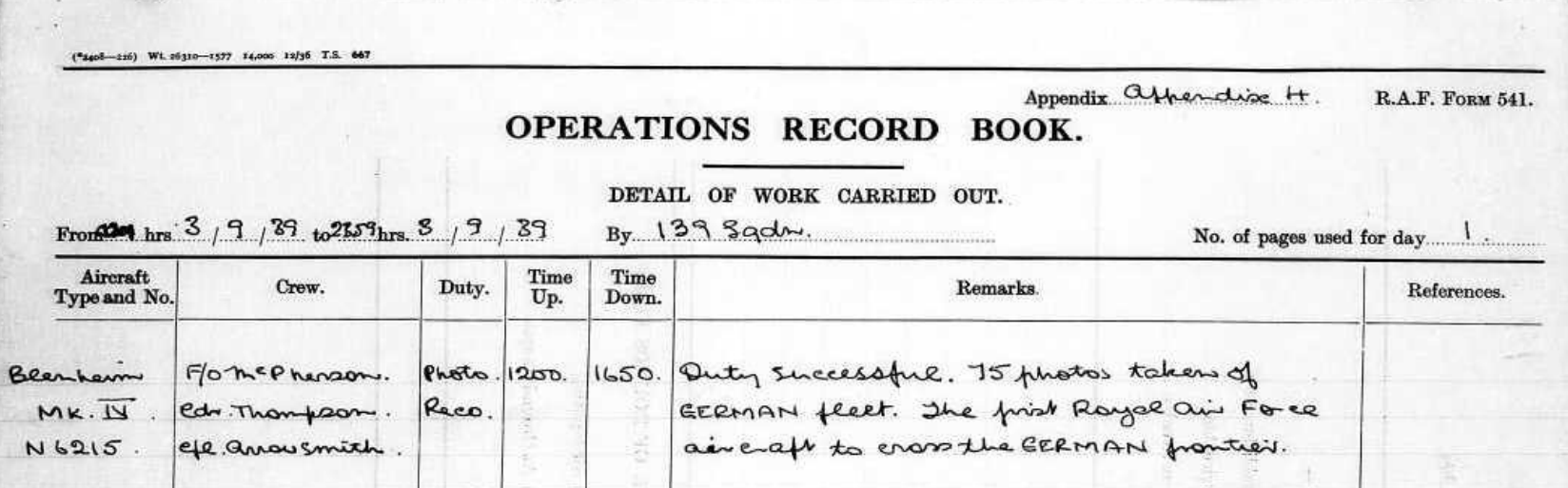 Operations Record Book des 139. Squadron mit Eintrag vom 04. September 1939.