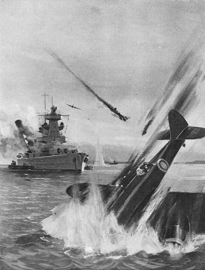 Postkarte, eine Blenheim stürzt vor dem Panzerschiff ins Meer.
